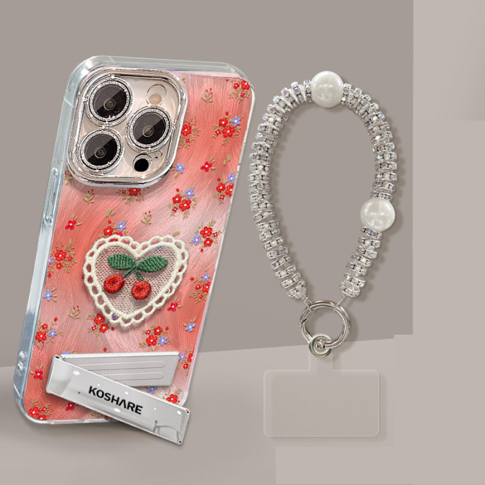 For Apple iPhone 17 Pro Max 16 15 14 13 12 11 Phone Cover Embroidered Cherry Bracket Chain Bracelet