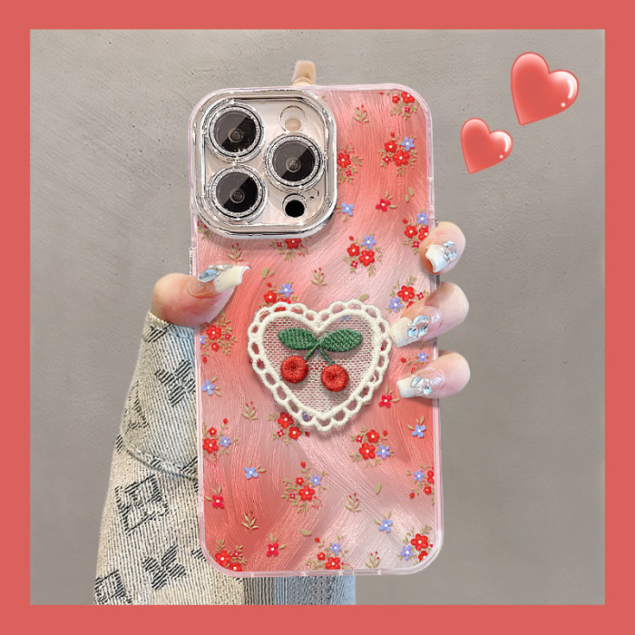 For Apple iPhone 17 Pro Max 16 15 14 13 12 11 Phone Cover Embroidered Cherry Bracket Chain Bracelet