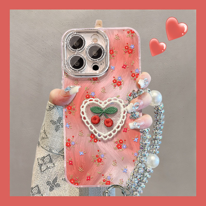 For Apple iPhone 17 Pro Max 16 15 14 13 12 11 Phone Cover Embroidered Cherry Bracket Chain Bracelet