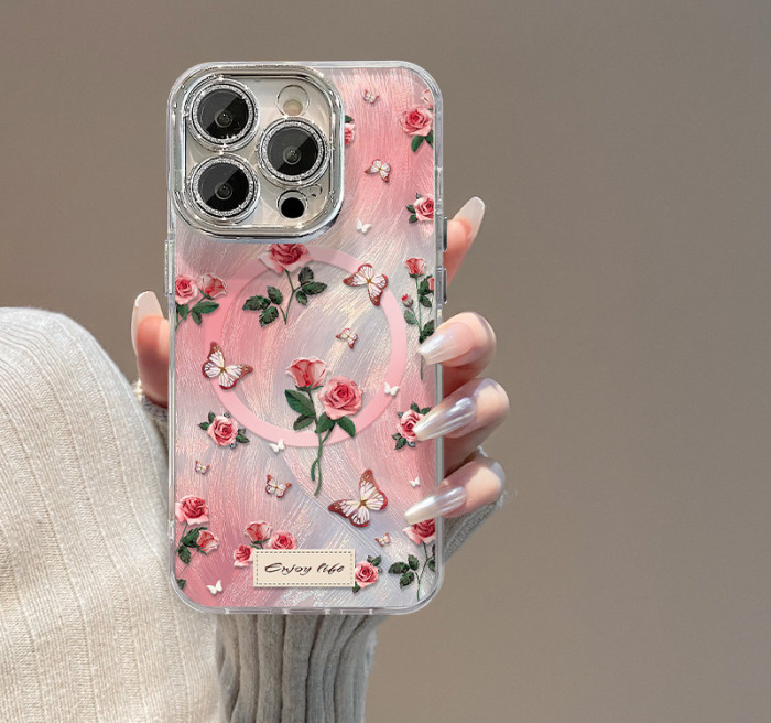 For Apple iPhone 17 Pro Max 16 15 14 13 12 11 Phone Cover Rose Butterfly Magnetic Bracket with Lens Protector