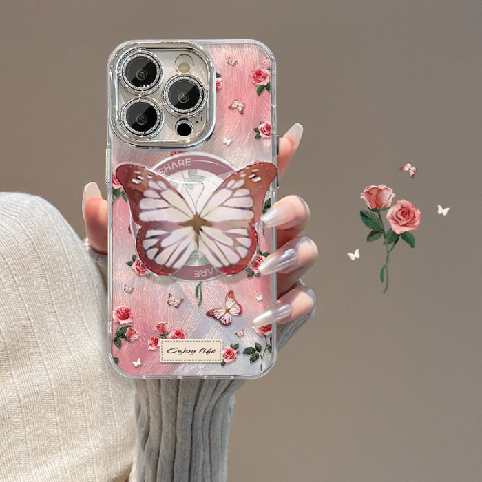 For Apple iPhone 17 Pro Max 16 15 14 13 12 11 Phone Cover Rose Butterfly Magnetic Bracket with Lens Protector