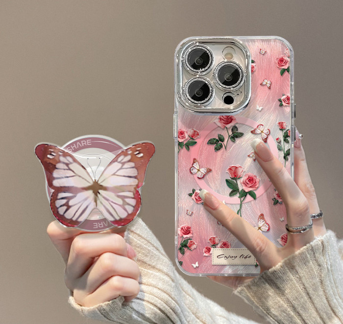 For Apple iPhone 17 Pro Max 16 15 14 13 12 11 Phone Cover Rose Butterfly Magnetic Bracket with Lens Protector