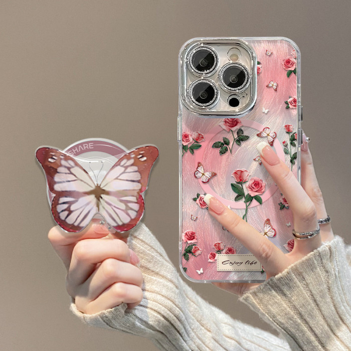 For Apple iPhone 17 Pro Max 16 15 14 13 12 11 Phone Cover Rose Butterfly Magnetic Bracket with Lens Protector
