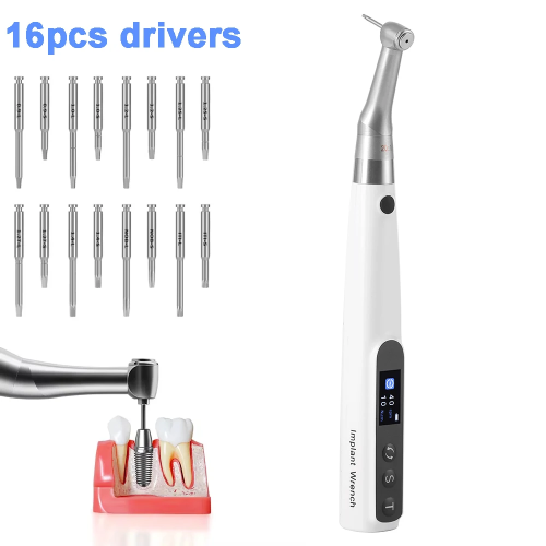  Dental Implant Motor Electric Wireless Torque Driver Implant Torque Wrench with 16pcs Screwdrivers Contra Angle Motor