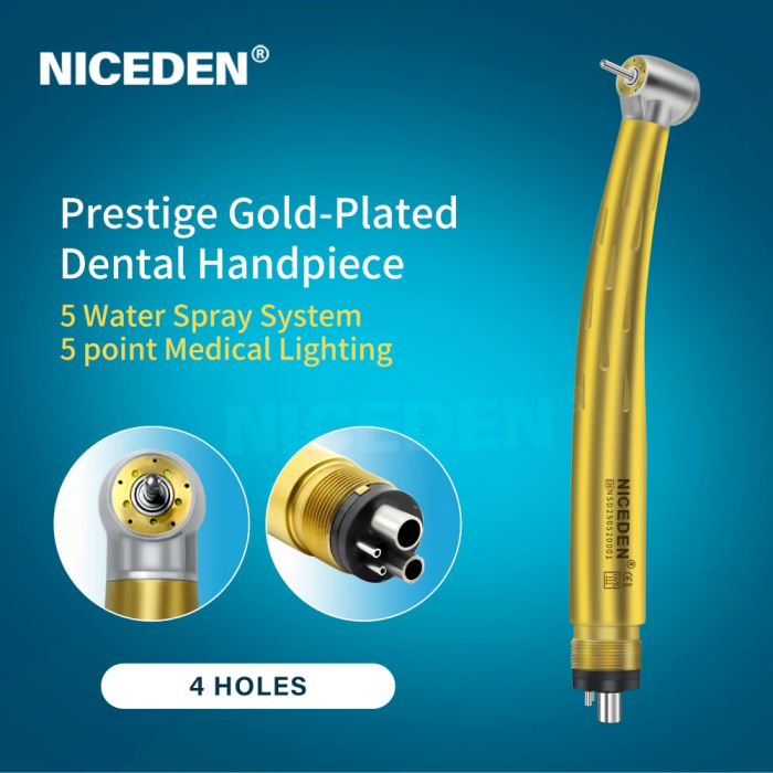 Niceden Dental Gold High Speed Handpiece All-in-One Head Drop Resistant Stainless-steel unibody Single Water Spray Air Turbine