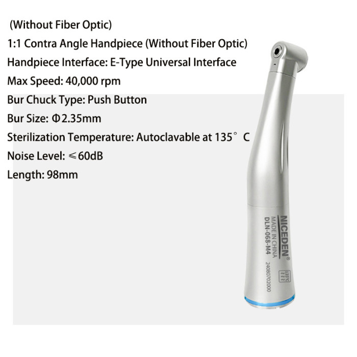 Dental Low Speed 1:1 Handpiece Contra Angle E-Type  Stainless Steel Fiber Optic
