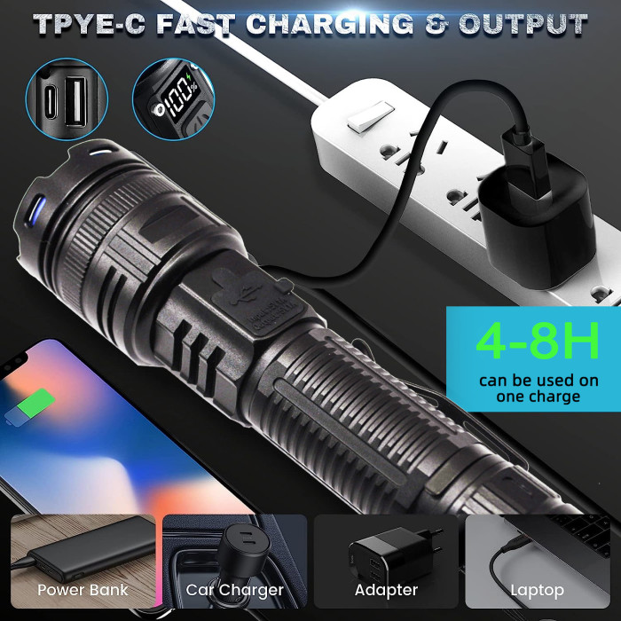 Flashlight Led Power Digital Display Torch Portable Outdoor Fast Charging New