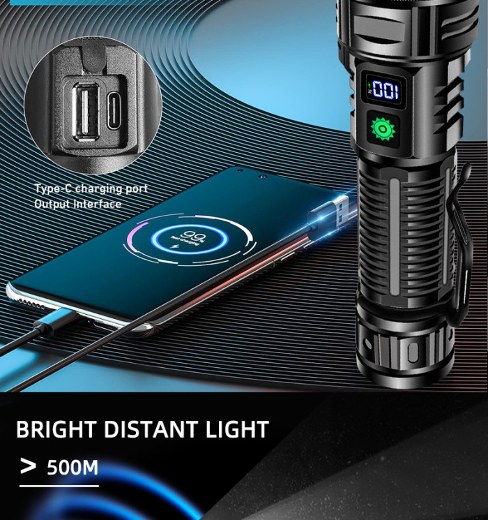 Flashlight Led Power Digital Display Torch Portable Outdoor Fast Charging New