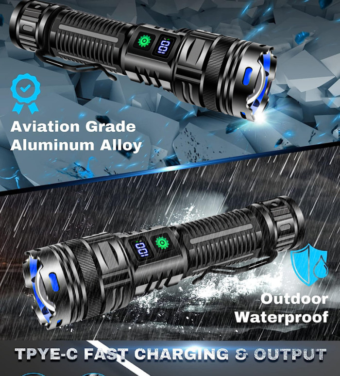 Flashlight Led Power Digital Display Torch Portable Outdoor Fast Charging New