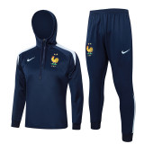24-25 France Royal blue Hoodie Half Pull Tracksuit #F591半拉连帽