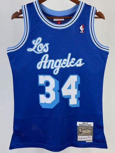 1996-97 LAKERS O'NEAL #34 Blue Retro Top Quality Hot Pressing NBA Jersey(圆领）