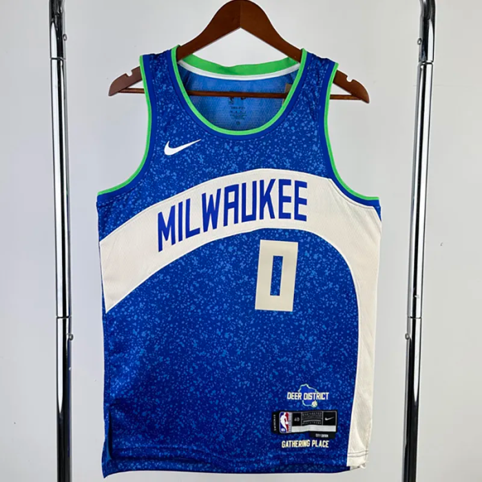 23-24 BUCKS LILLARD #0 Blue City Edition Top Quality Hot Pressing NBA Jersey(V领)