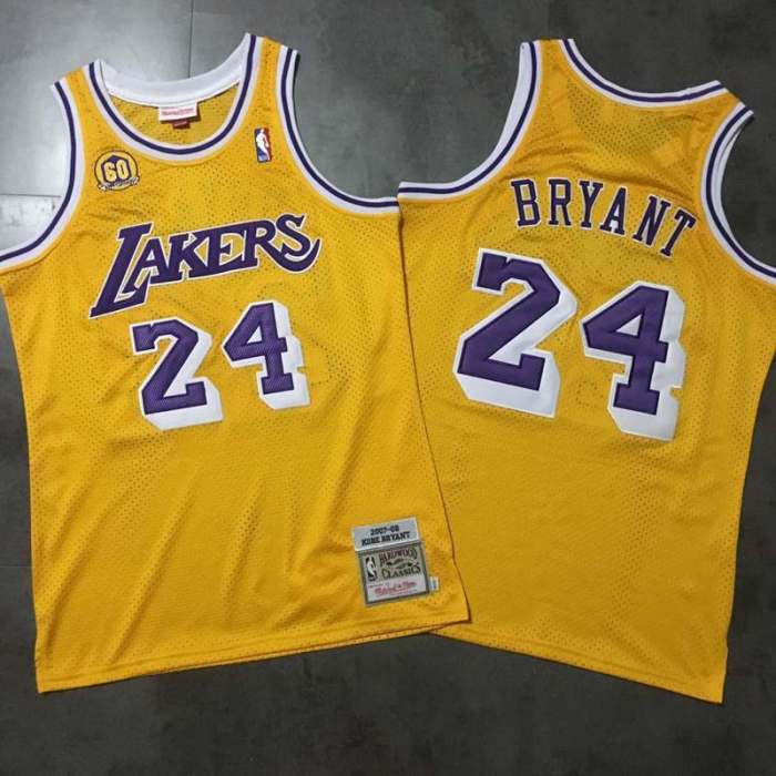 2007-2008 Lakers Bryant #24 Yellow 60th Anniversary Top Quality Dense Embroidery NBA Jersey