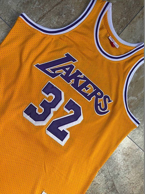 1984-1985 Lakers Johnson #32 Yellow Retro Top Quality Dense Embroidery NBA Jersey