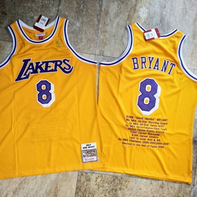 1998 Lakers Bryant #8 Yellow Career Honors Top Quality Dense Embroidery NBA Jersey
