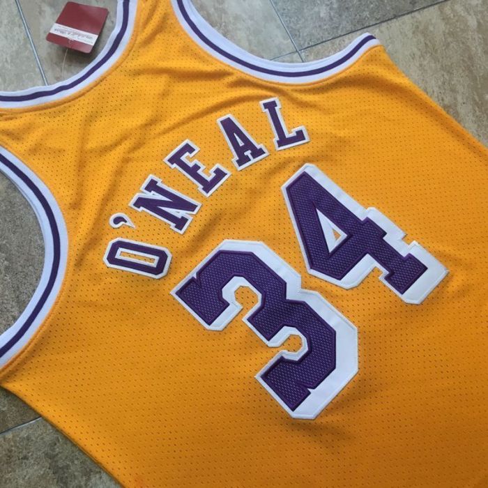 1996-1997 Lakers O'Neal #34 Yellow Retro Top Quality Dense Embroidery NBA Jersey