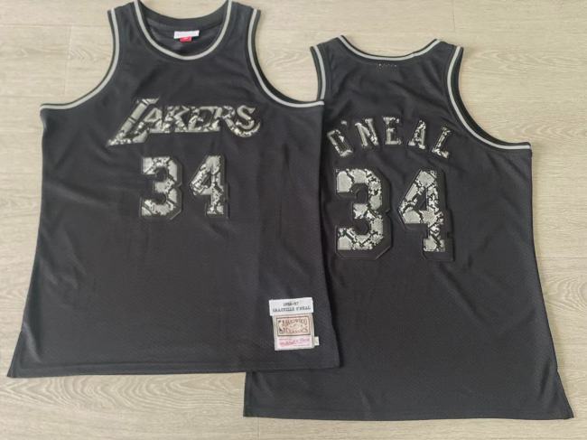 1996-1997 Lakers O'Neal#34 Black Leather Snakeskin Retro Top Quality Dense Embroidery NBA Jersey