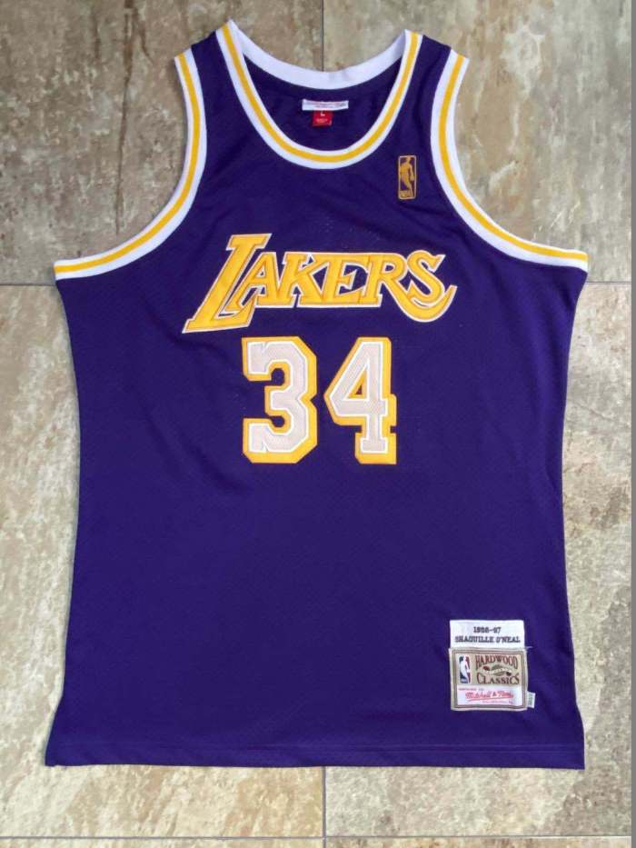 1996-1997 Lakers O'Neal #34 Purple Retro Top Quality Dense Embroidery NBA Jersey