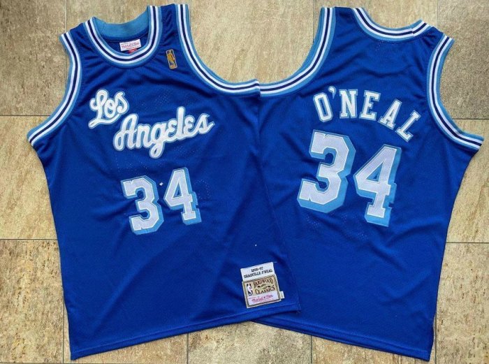 1996-1997 Lakers O'Neal #34 Blue Retro Top Quality Dense Embroidery NBA Jersey