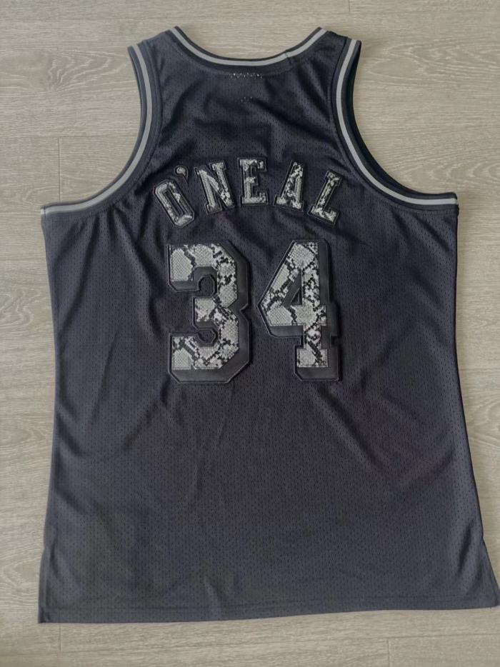 1996-1997 Lakers O'Neal#34 Black Leather Snakeskin Retro Top Quality Dense Embroidery NBA Jersey