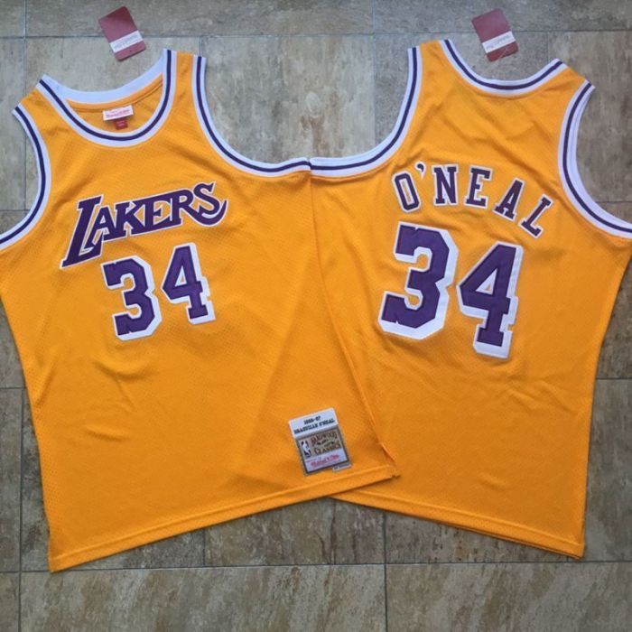 1996-1997 Lakers O'Neal #34 Yellow Retro Top Quality Dense Embroidery NBA Jersey