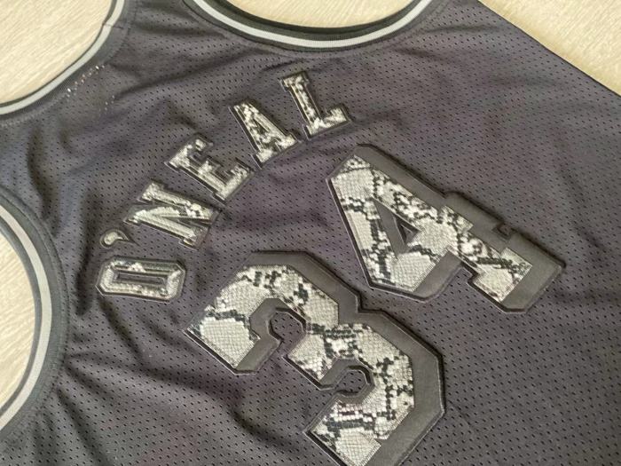 1996-1997 Lakers O'Neal#34 Black Leather Snakeskin Retro Top Quality Dense Embroidery NBA Jersey