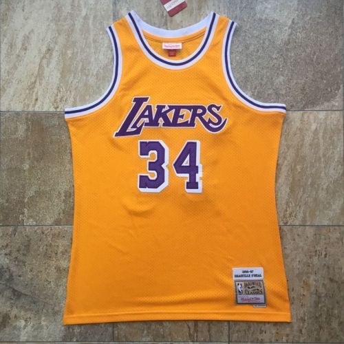 1996-1997 Lakers O'Neal #34 Yellow Retro Top Quality Dense Embroidery NBA Jersey
