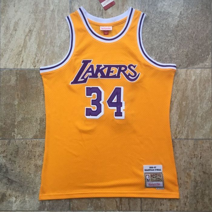 1996-1997 Lakers O'Neal #34 Yellow Retro Top Quality Dense Embroidery NBA Jersey