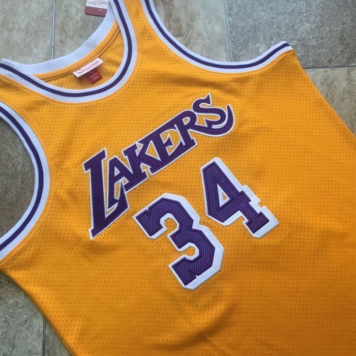 1996-1997 Lakers O'Neal #34 Yellow Retro Top Quality Dense Embroidery NBA Jersey