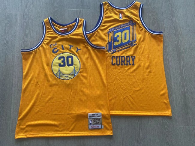 2019-2020 M&N Warriors Curry #30 Yellow Retro Top Quality Dense Embroidery NBA Jersey