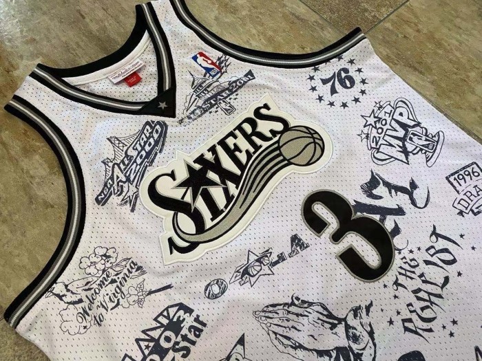 NBA 1997-1998 M&N Sixers Iverson #3 White Retro Top Quality Dense Embroidery Jersey