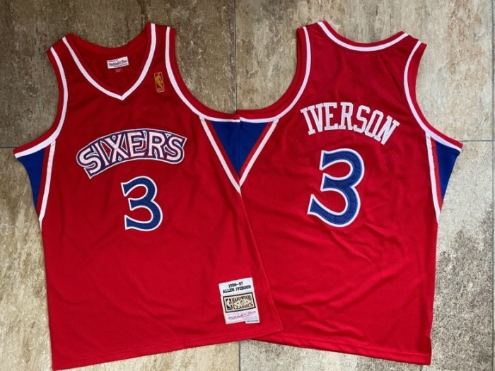 1996-1997 M&N Sixers Iverson #3 Red Retro Top Quality Dense Embroidery NBA Jersey