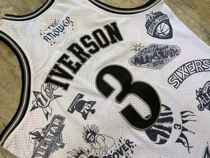 NBA 1997-1998 M&N Sixers Iverson #3 White Retro Top Quality Dense Embroidery Jersey