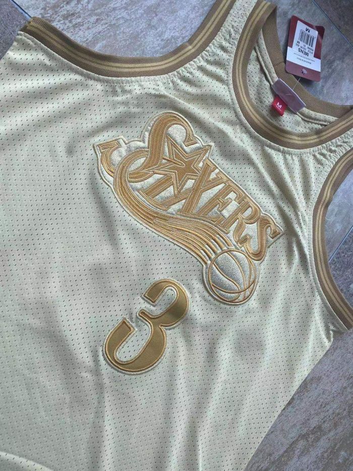 2000-2001 M&N Sixers Iverson #3 Golden Retro Top Quality Dense Embroidery Jersey