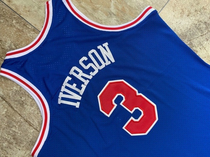 1996-1997 M&N Sixers Iverson #3 Blue Retro Top Quality Dense Embroidery NBA Jersey