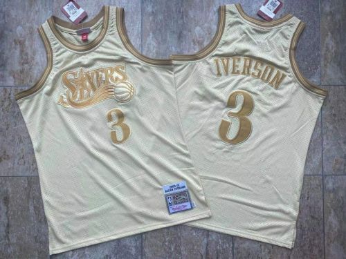 2000-2001 M&N Sixers Iverson #3 Golden Retro Top Quality Dense Embroidery Jersey