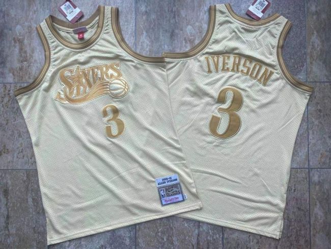 2000-2001 M&N Sixers Iverson #3 Golden Retro Top Quality Dense Embroidery Jersey