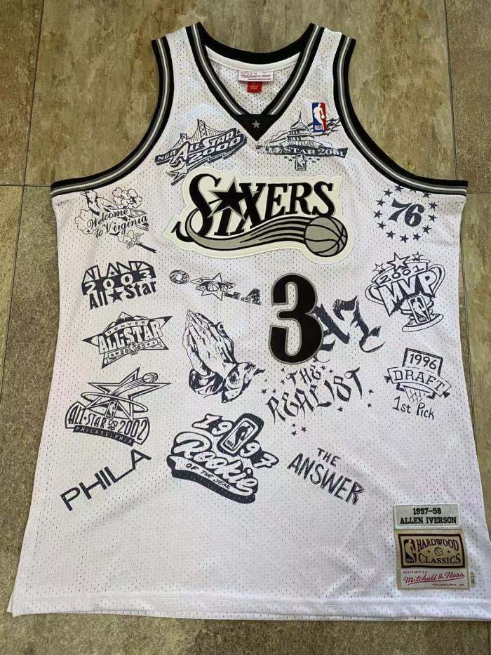 NBA 1997-1998 M&N Sixers Iverson #3 White Retro Top Quality Dense Embroidery Jersey