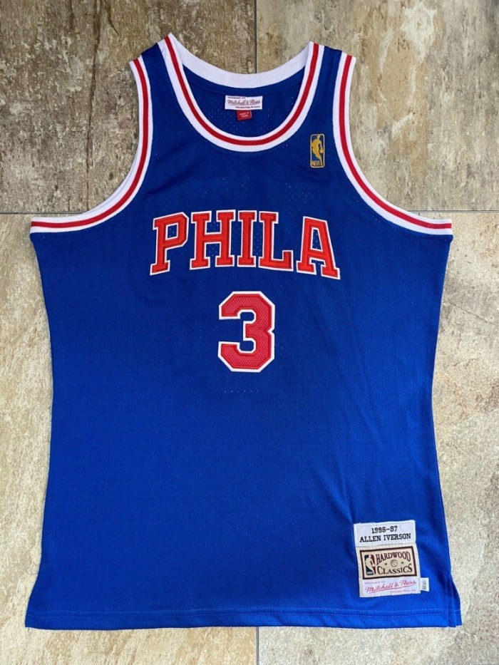 1996-1997 M&N Sixers Iverson #3 Blue Retro Top Quality Dense Embroidery NBA Jersey