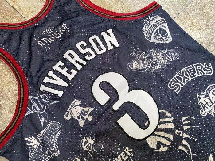 NBA 1997-1998 M&N Sixers Iverson #3 Black Retro Top Quality Dense Embroidery Jersey