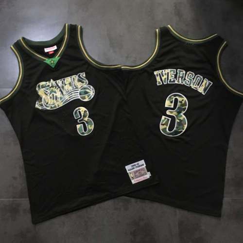 2000-2001 M&N Sixers Iverson #3 Camouflage Black Retro Top Quality Dense Embroidery Jersey