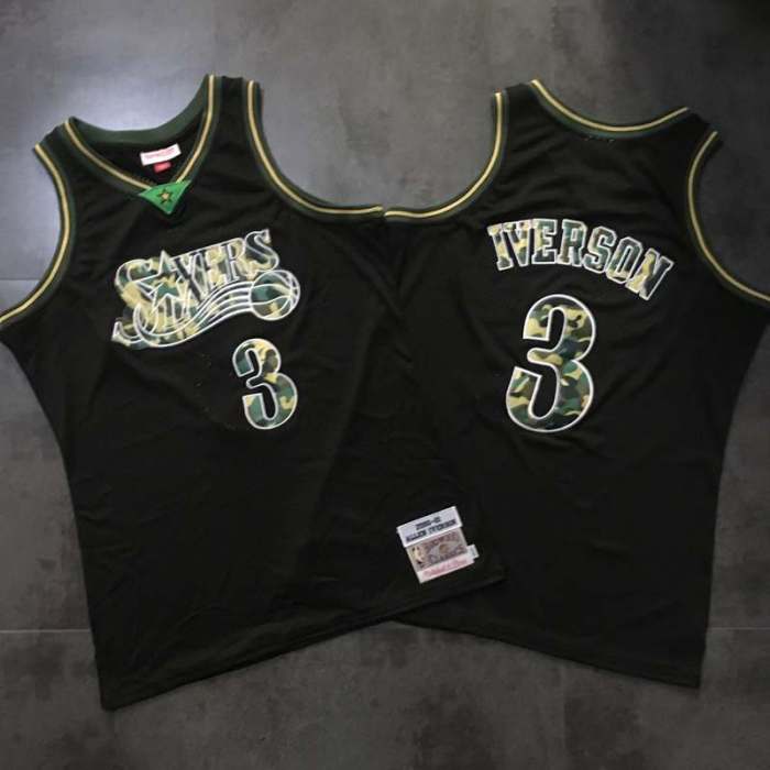 2000-2001 M&N Sixers Iverson #3 Camouflage Black Retro Top Quality Dense Embroidery Jersey