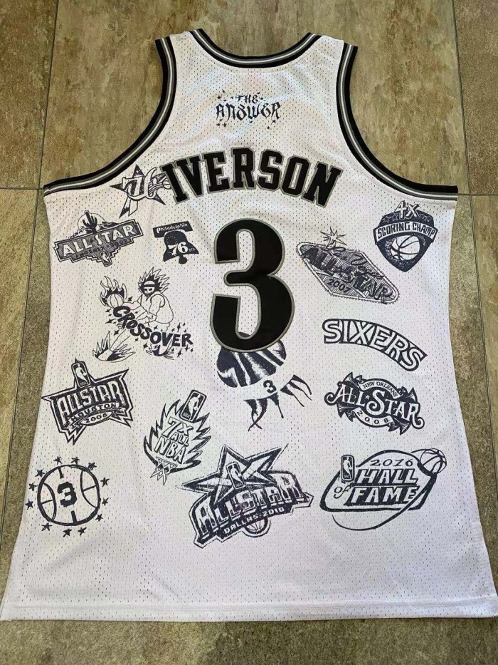 NBA 1997-1998 M&N Sixers Iverson #3 White Retro Top Quality Dense Embroidery Jersey