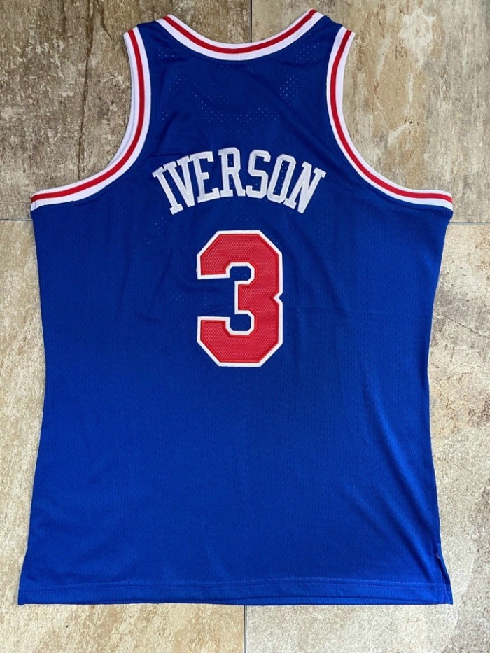 1996-1997 M&N Sixers Iverson #3 Blue Retro Top Quality Dense Embroidery NBA Jersey