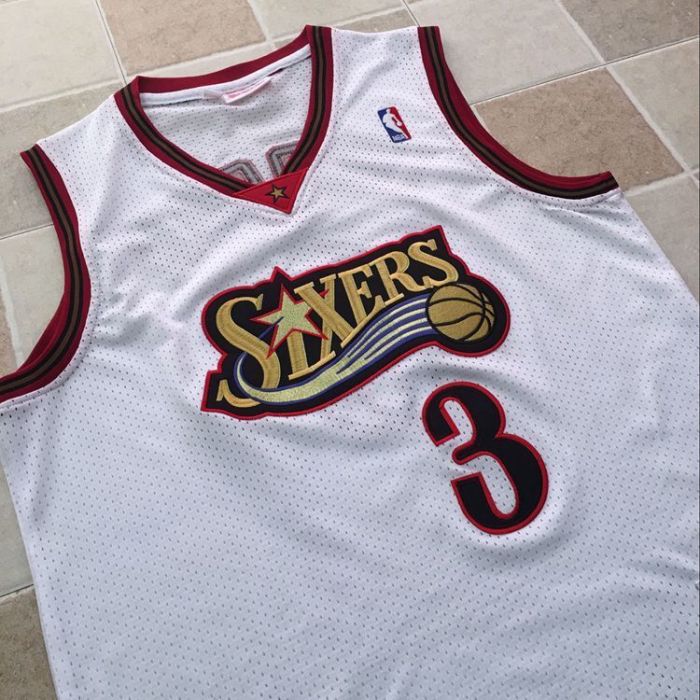 1997-1998 M&N Sixers Iverson #3 White Retro Top Quality Dense Embroidery NBA Jersey
