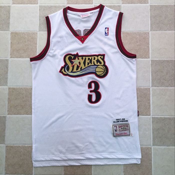 1997-1998 M&N Sixers Iverson #3 White Retro Top Quality Dense Embroidery NBA Jersey