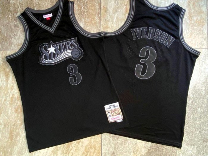 NBA 1997-1998 M&N Sixers Iverson #3 Black Retro Top Quality Dense Embroidery Jersey