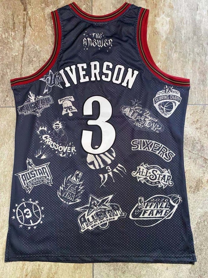 NBA 1997-1998 M&N Sixers Iverson #3 Black Retro Top Quality Dense Embroidery Jersey