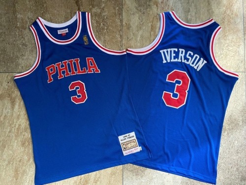 1996-1997 M&N Sixers Iverson #3 Blue Retro Top Quality Dense Embroidery NBA Jersey