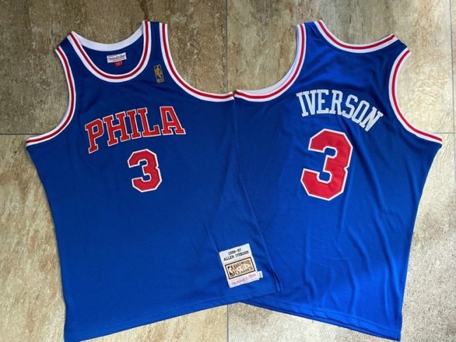 1996-1997 M&N Sixers Iverson #3 Blue Retro Top Quality Dense Embroidery NBA Jersey